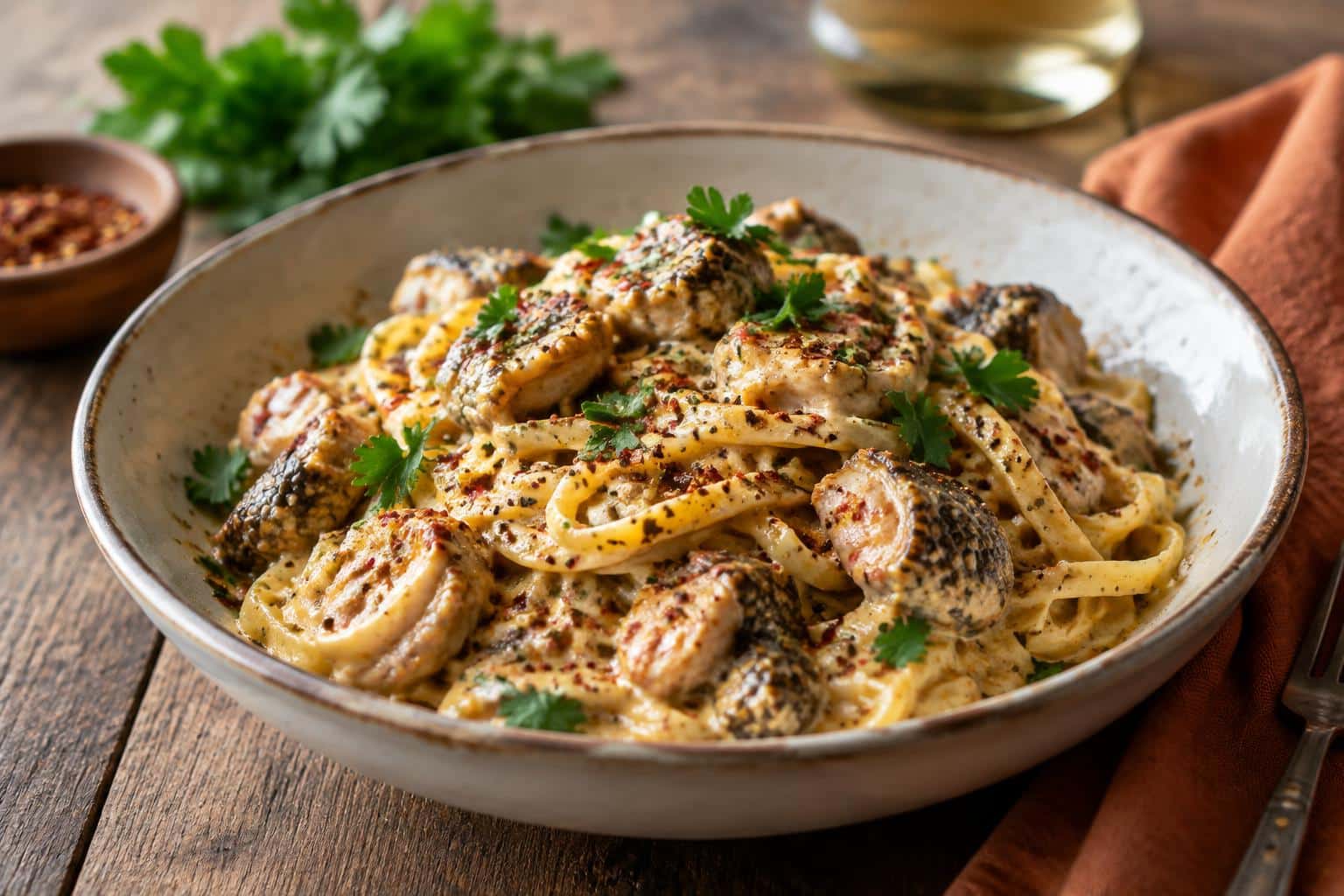 Spicy rattlesnake pasta in creamy sauce garnished with parsley and red pepper flakes