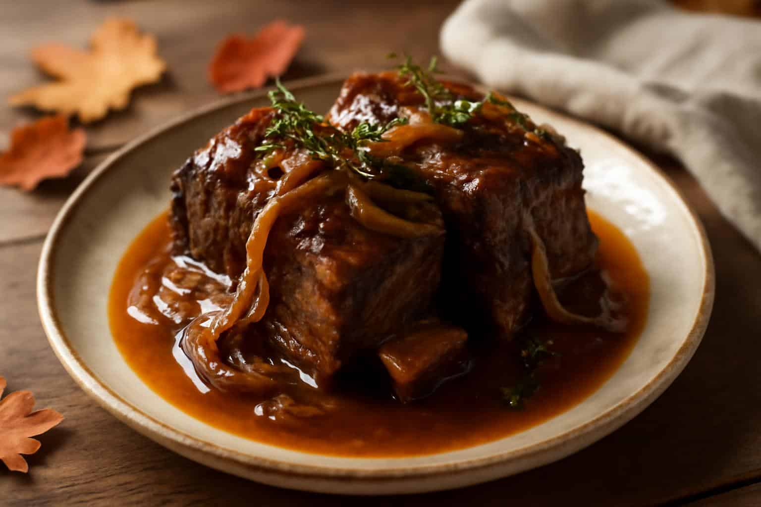 Tender apple cider-braised short ribs plated with caramelized onions and fresh thyme garnish