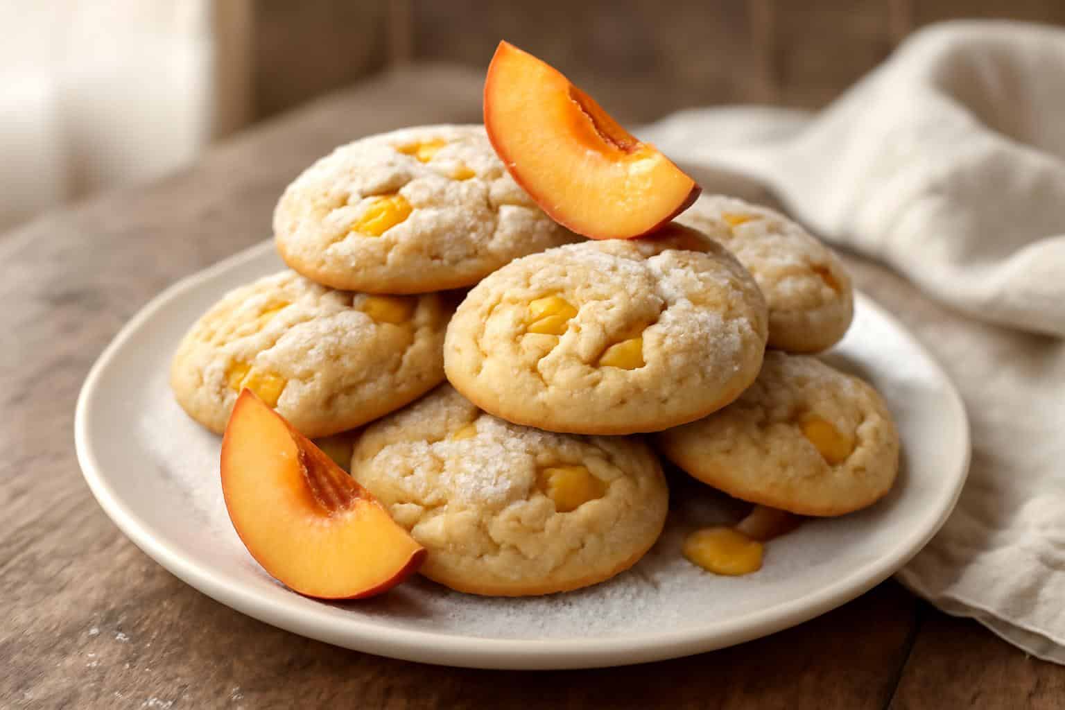 Tender and chewy peaches and cream cookies with fresh peach slices and powdered sugar