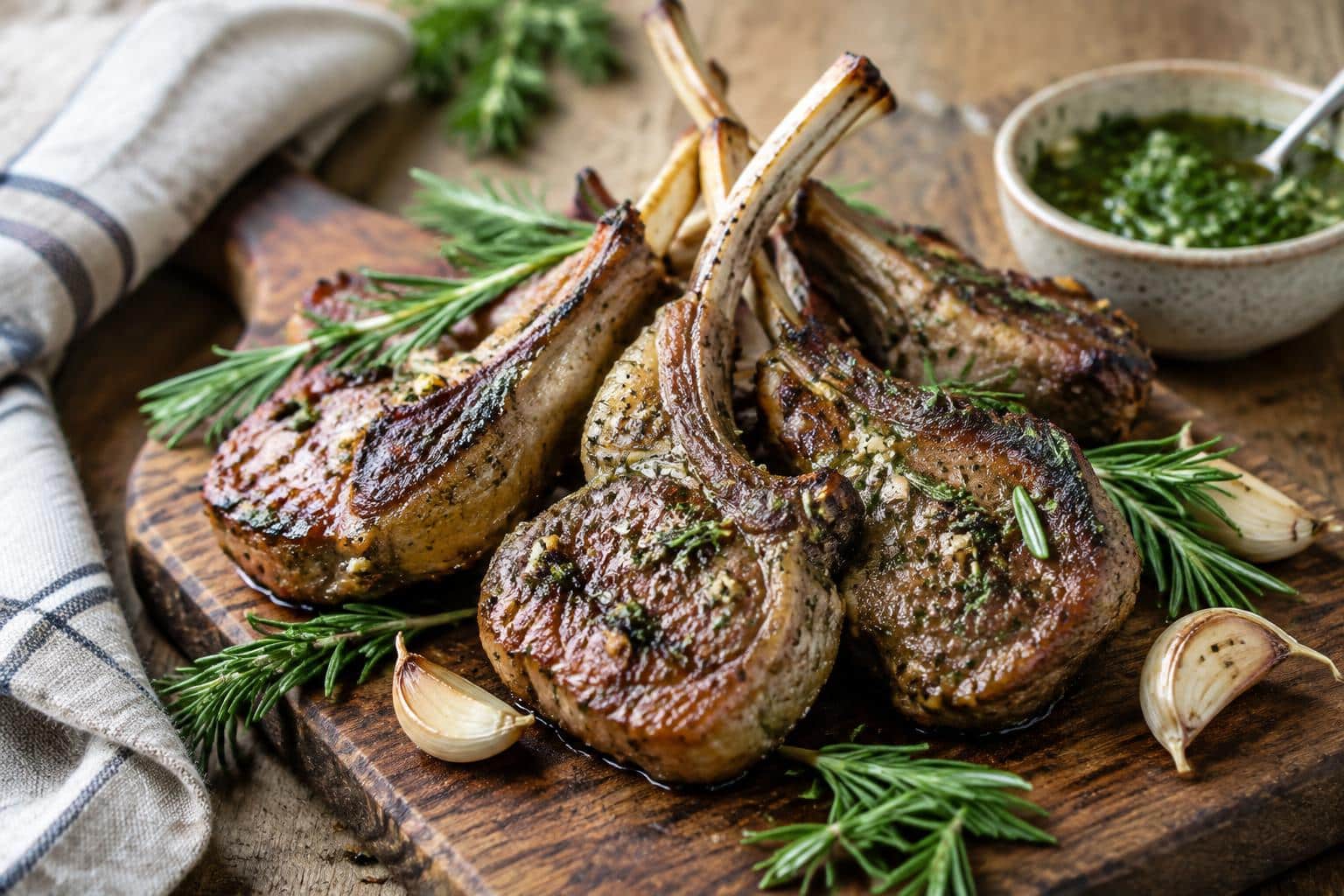 Tender garlic rosemary lamb chops garnished with fresh herbs on rustic wooden board