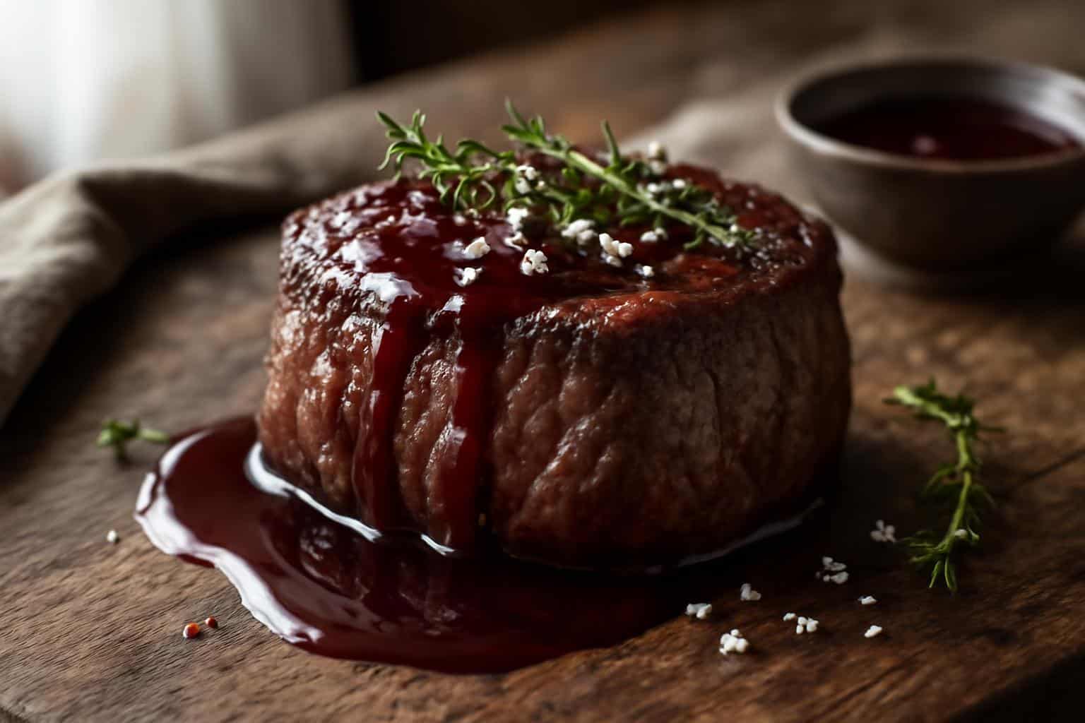Tender oven-baked filet drizzled with rich red wine reduction with fresh thyme garnish