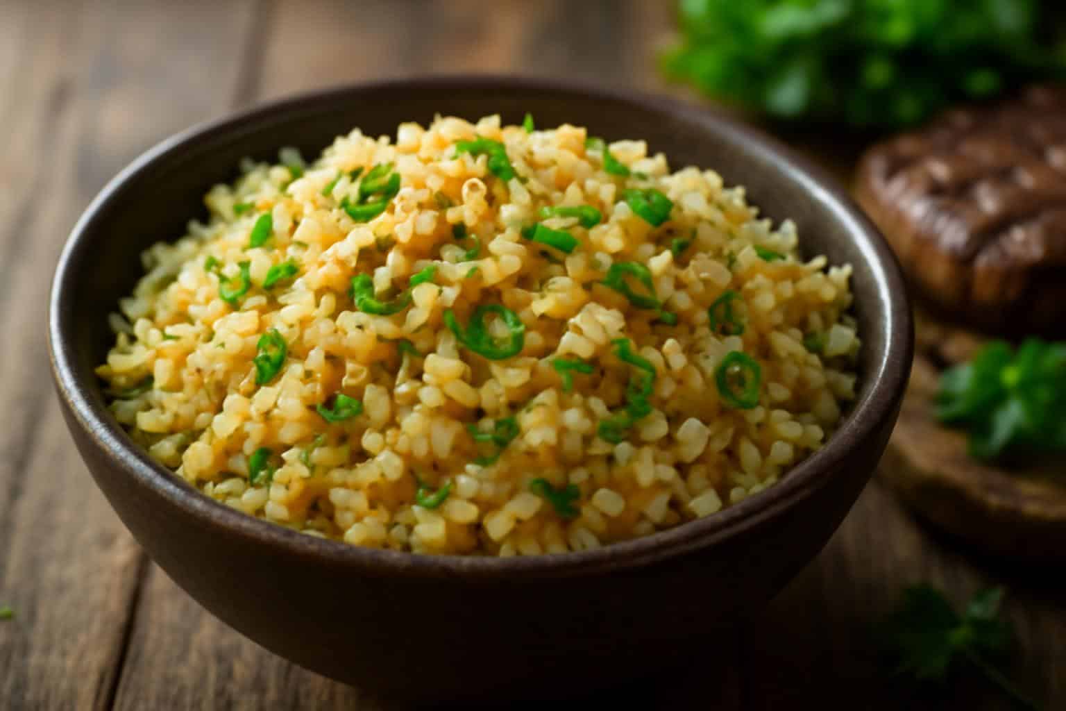 bowl of Texas Roadhouse seasoned rice recipe with herbs and spices beside steak