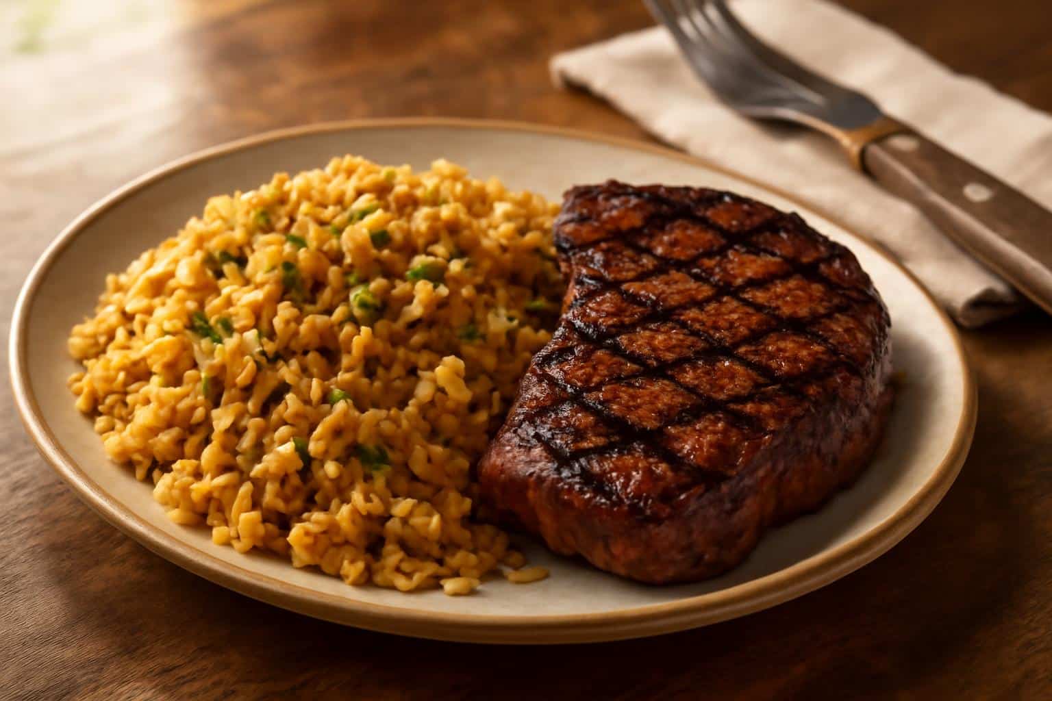 Texas Roadhouse seasoned rice served with steak, garnished with fresh parsley