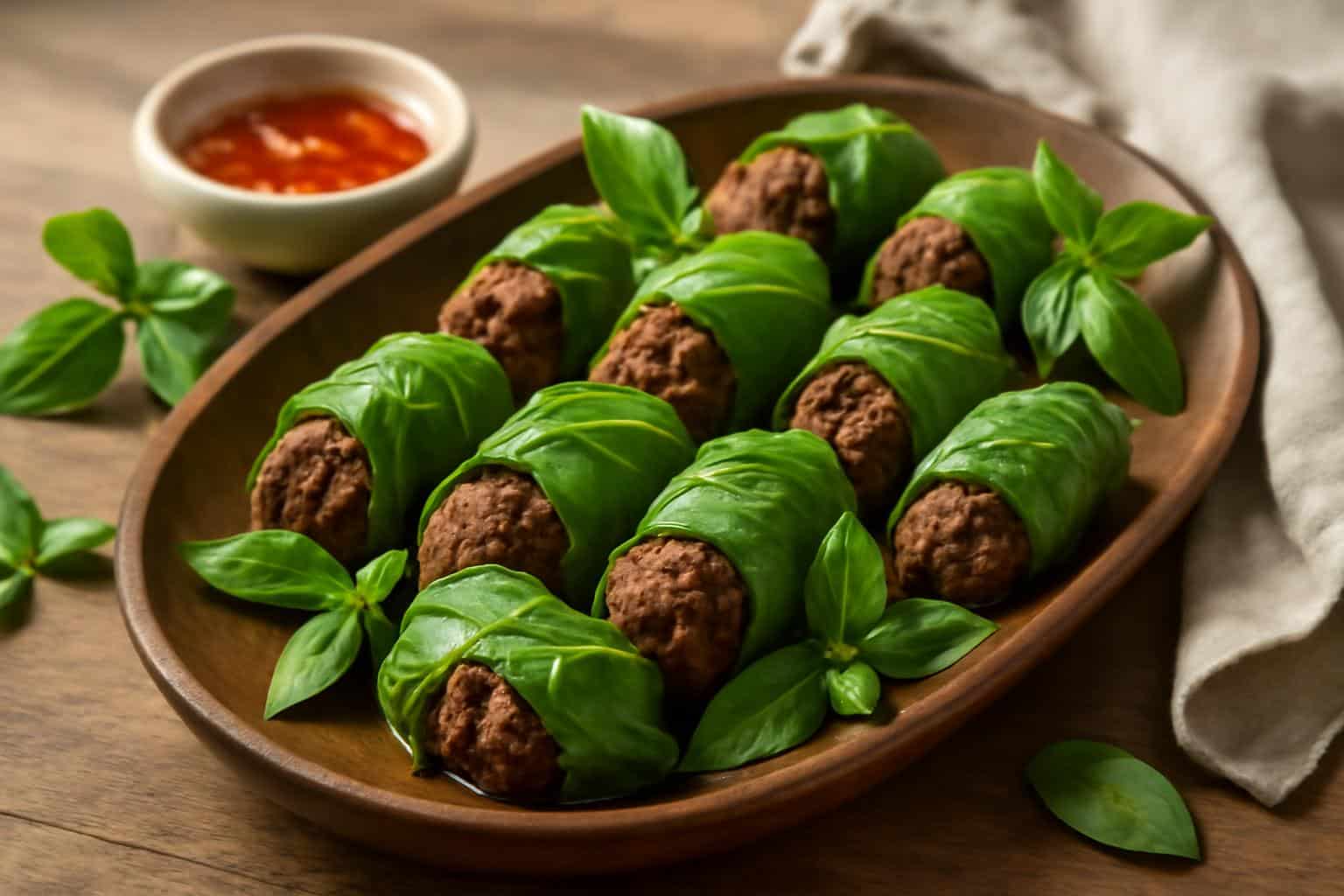 Fresh Thai basil beef rolls garnished with basil leaves and dipping sauce