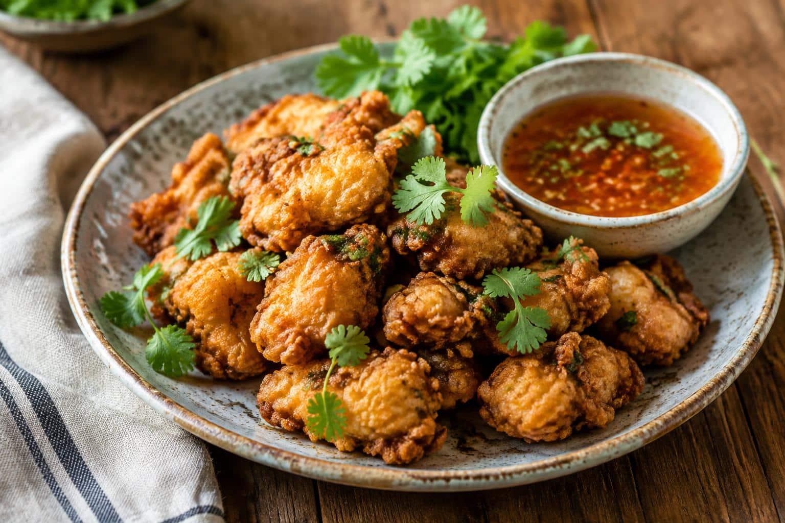 crispy golden thai chicken bites with dipping sauce and cilantro garnish