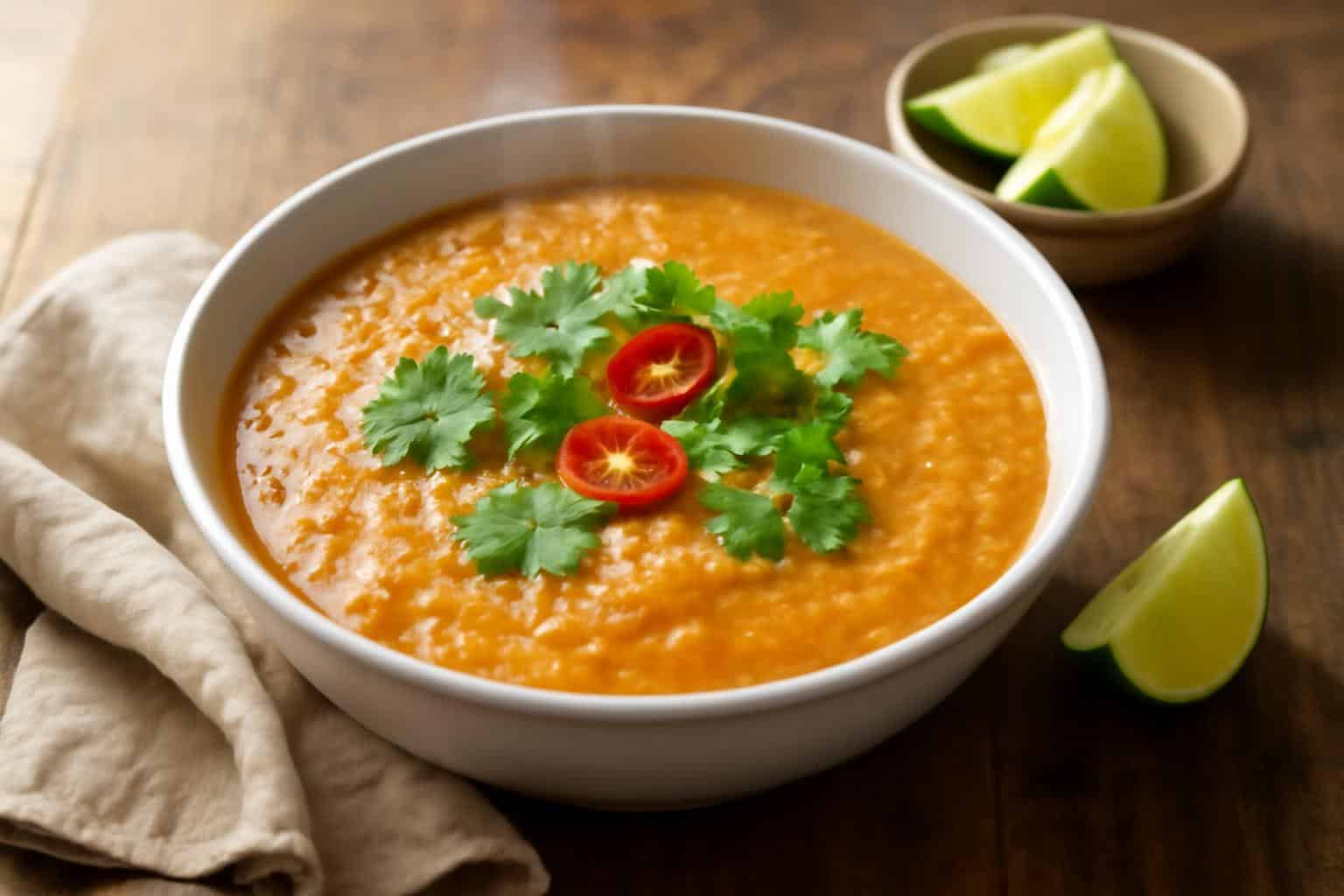 Hearty bowl of thai coconut soup with red lentils garnished with cilantro and red chili