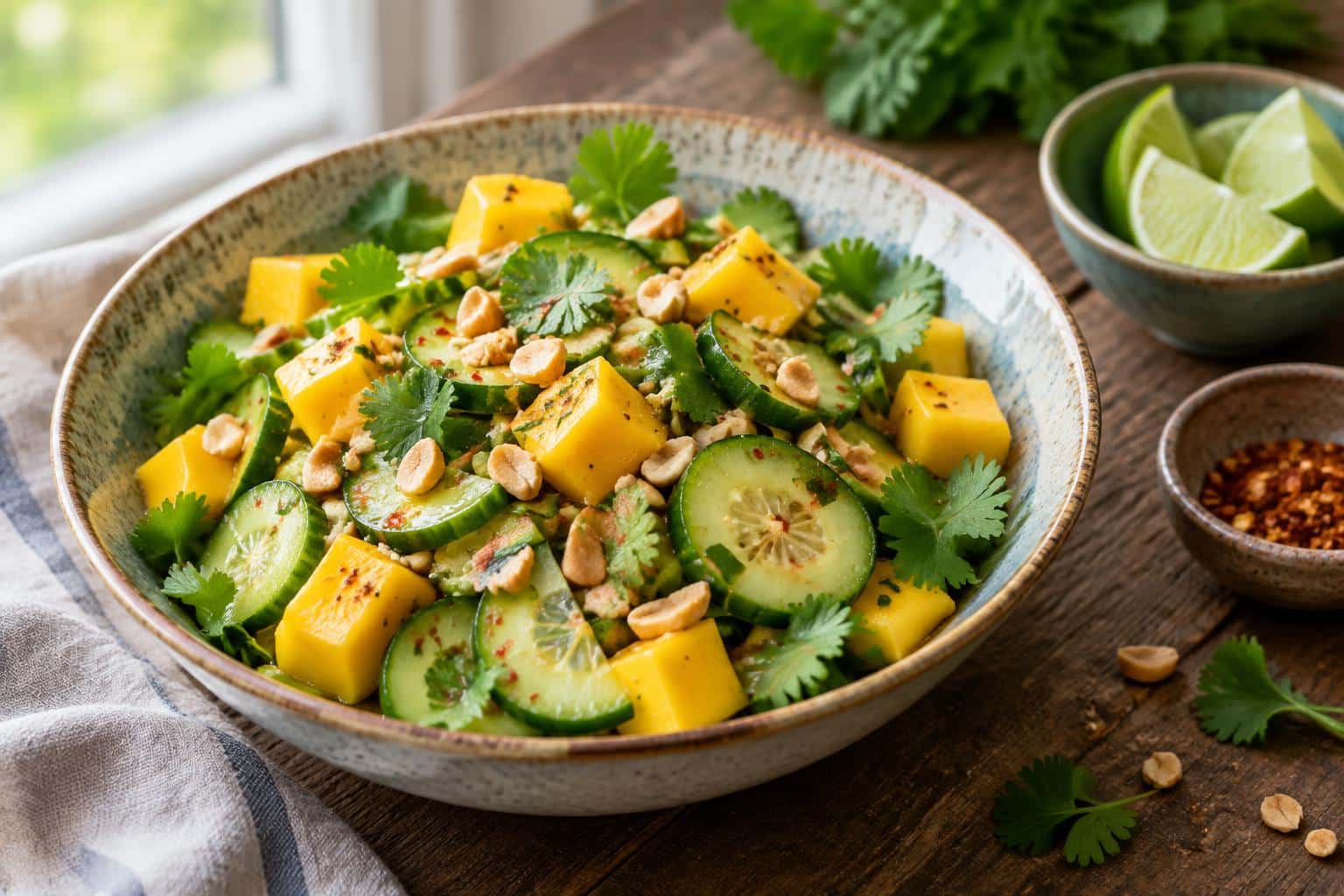Thai mango salad with mango cubes, cucumber slices, peanuts, and cilantro garnish