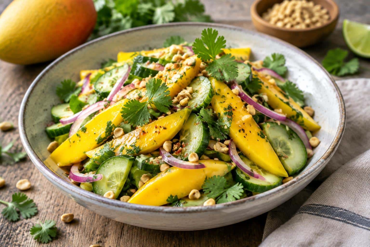 Thai mango cucumber salad with fresh mango slices, cucumber, herbs, and chopped peanuts