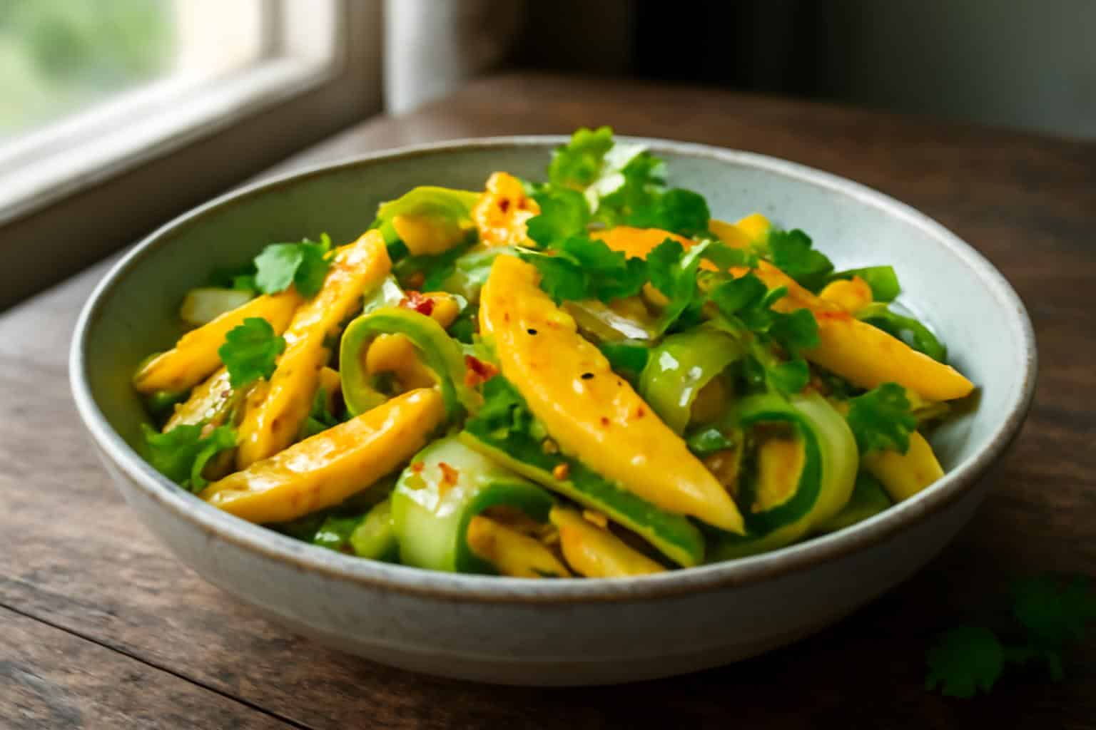 Thai mango cucumber salad with fresh mango slices and cucumber ribbons in a bowl, garnished with cilantro