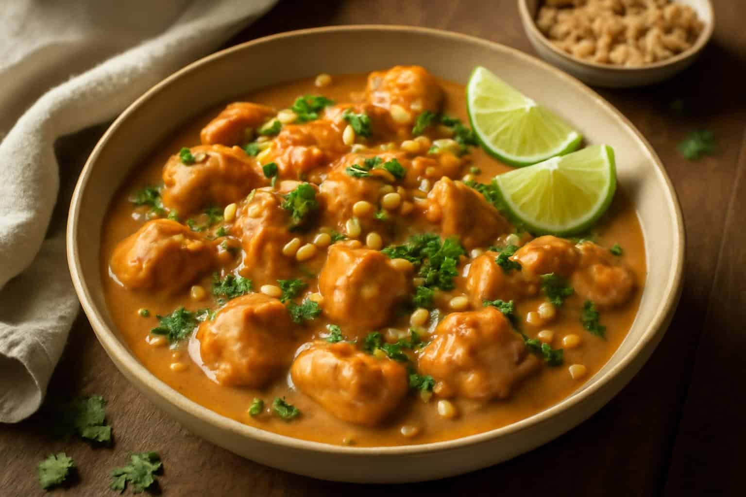 Bowl of Thai peanut chicken with peanut sauce and fresh cilantro, perfect thai peanut chicken dish
