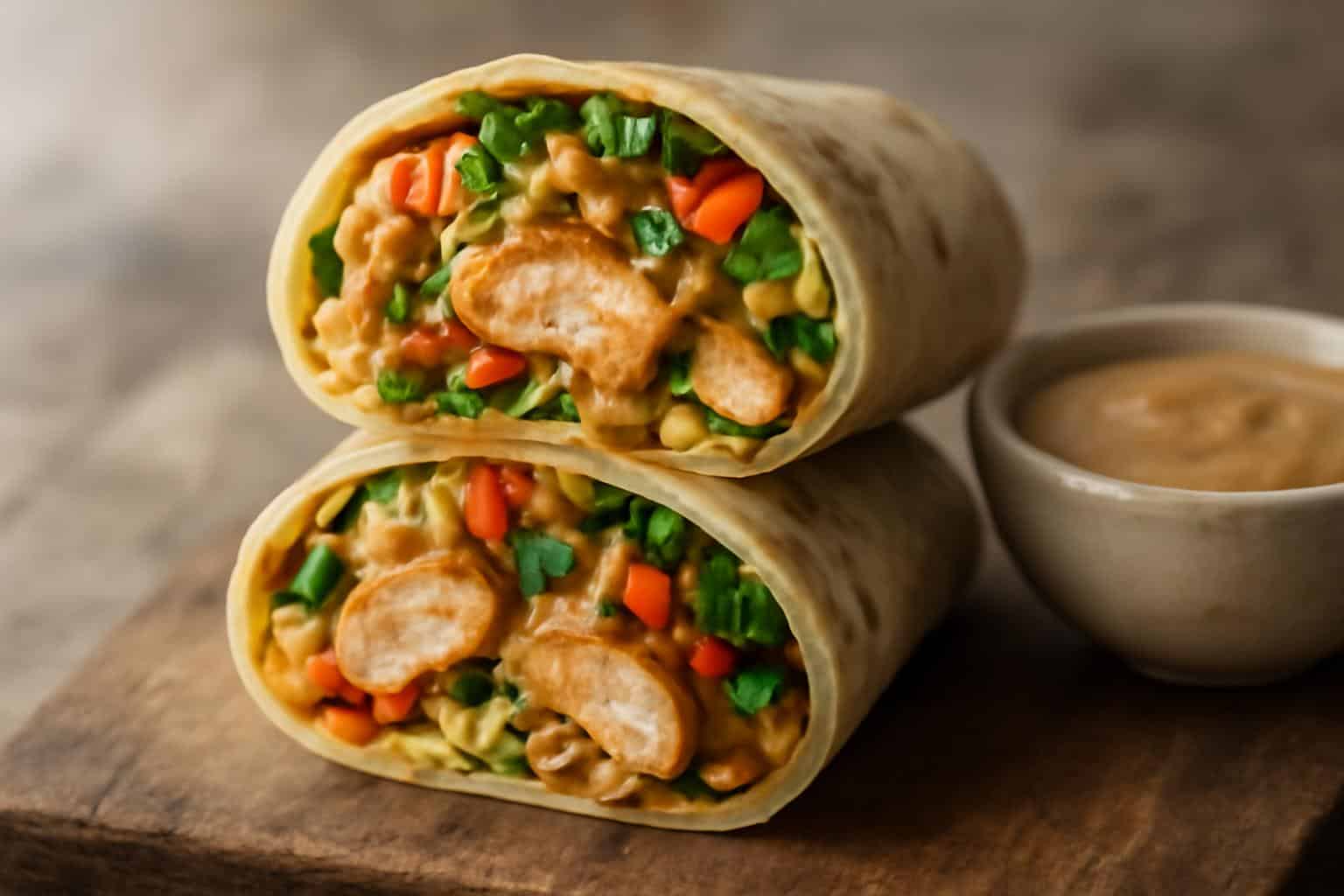 Thai peanut chicken wrap filled with grilled chicken, peanut sauce, and fresh veggies close-up