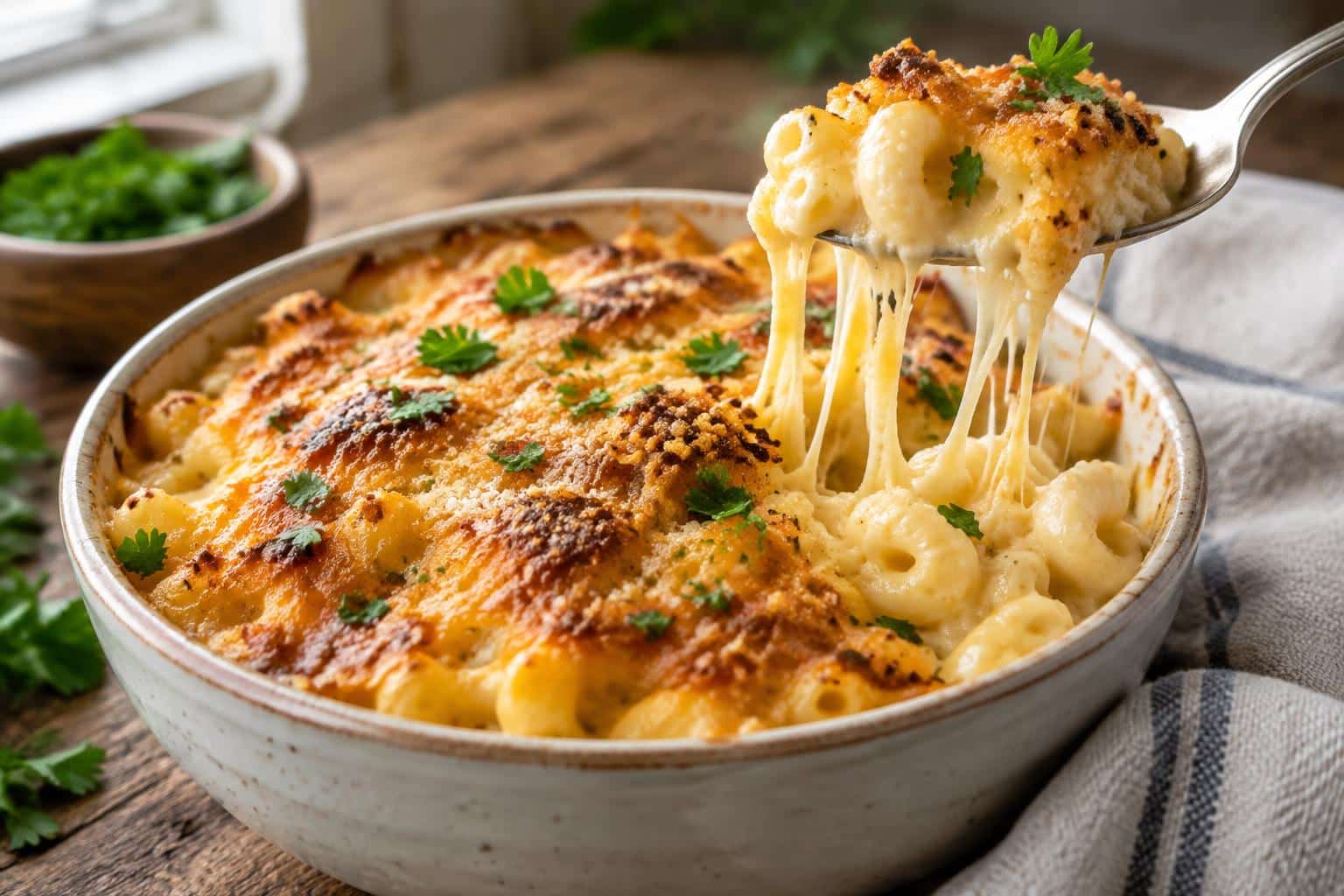 Baked ultimate mac cheese with gooey melted cheese and fresh parsley garnish