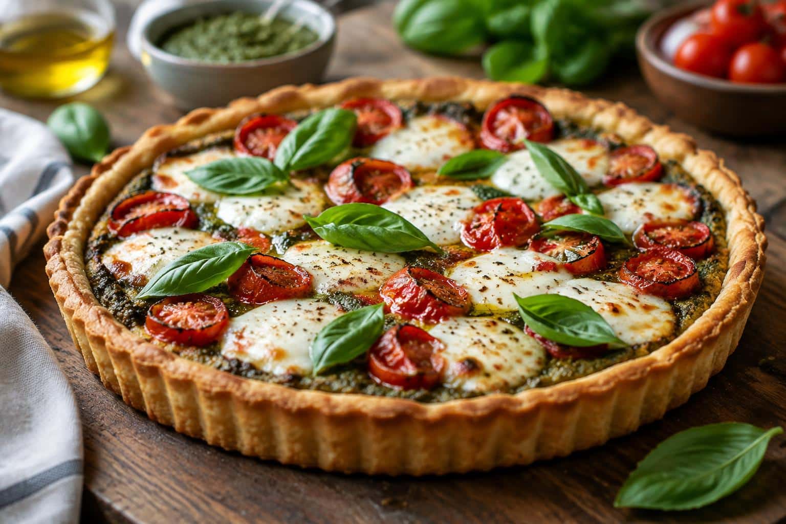 Tomato pesto tart topped with melted mozzarella and fresh basil, fresh and appetizing tomato pesto tart