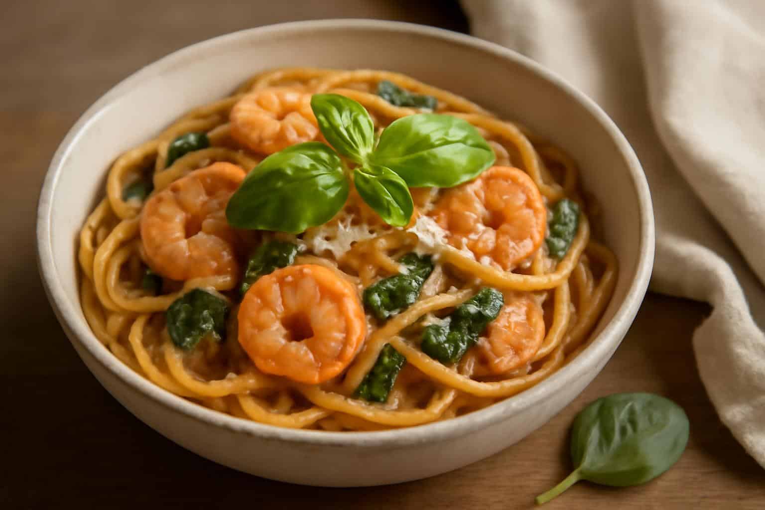 Tomato spinach shrimp pasta in a bowl garnished with basil and Parmesan, showcasing fresh creamy pasta dish