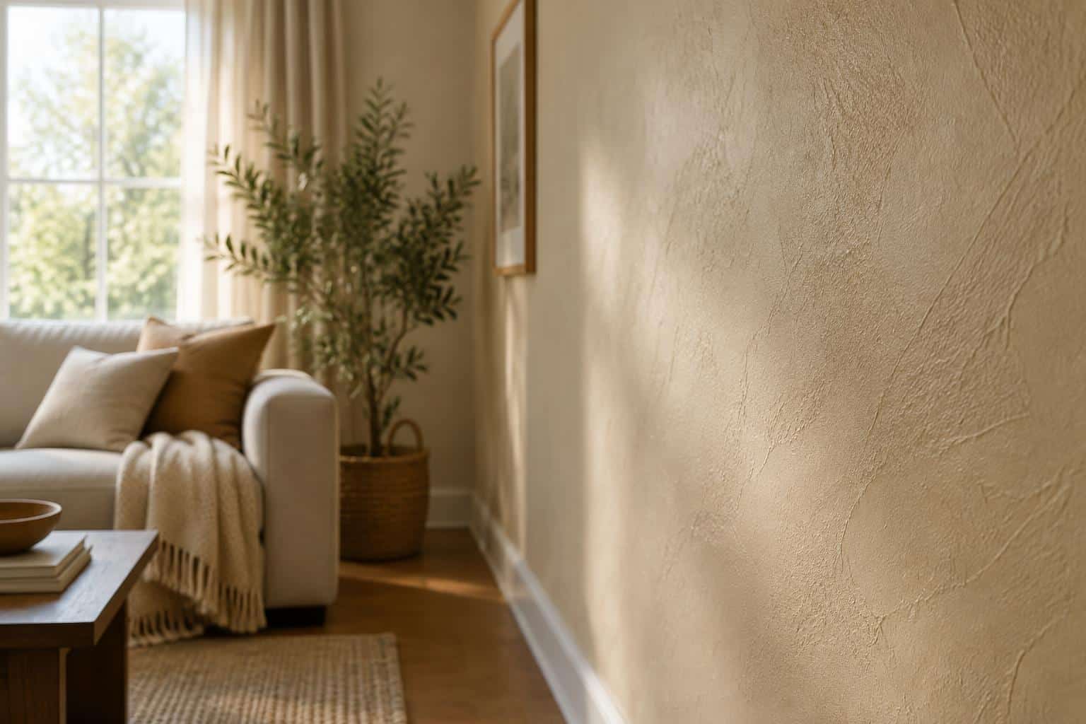 Close-up of textured paint ideas on a living room wall showing warm beige tones and subtle texture