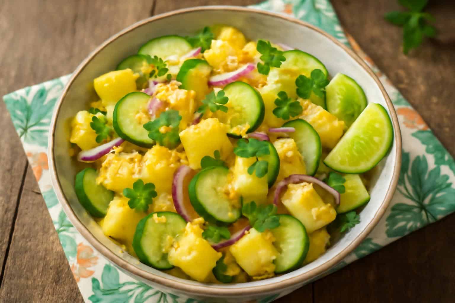 Fresh pineapple cucumber salad with mint and toasted coconut flakes in a bright bowl