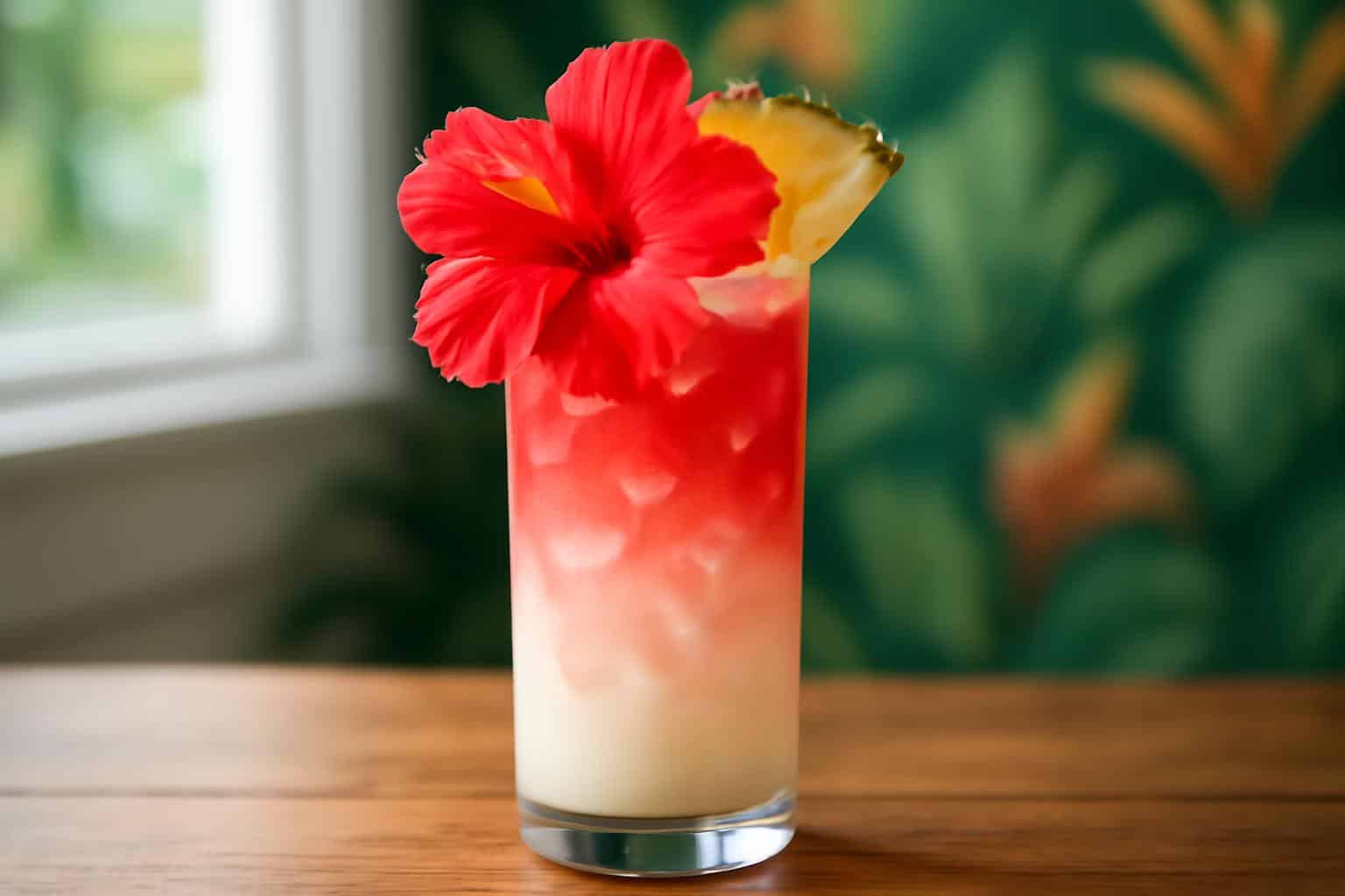 Refreshing tropical coconut hibiscus mocktail with ice and garnishes in a tall glass