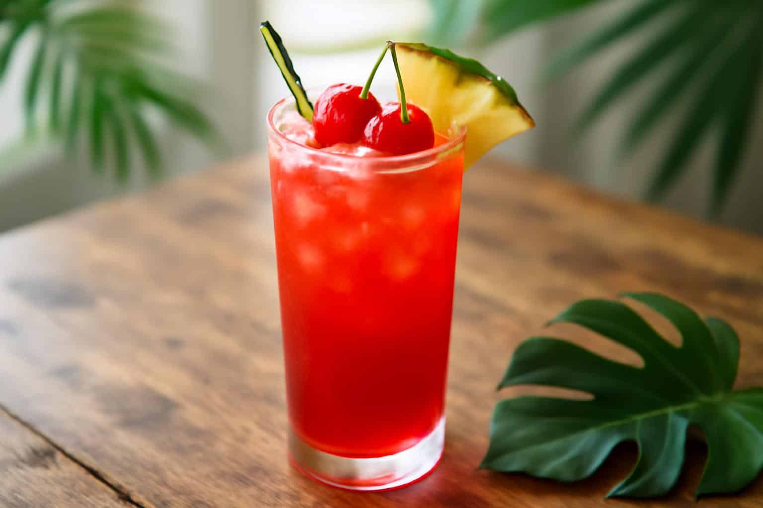Cherry rum cocktail in a frosty glass garnished with cherries and pineapple, cherry rum cocktail