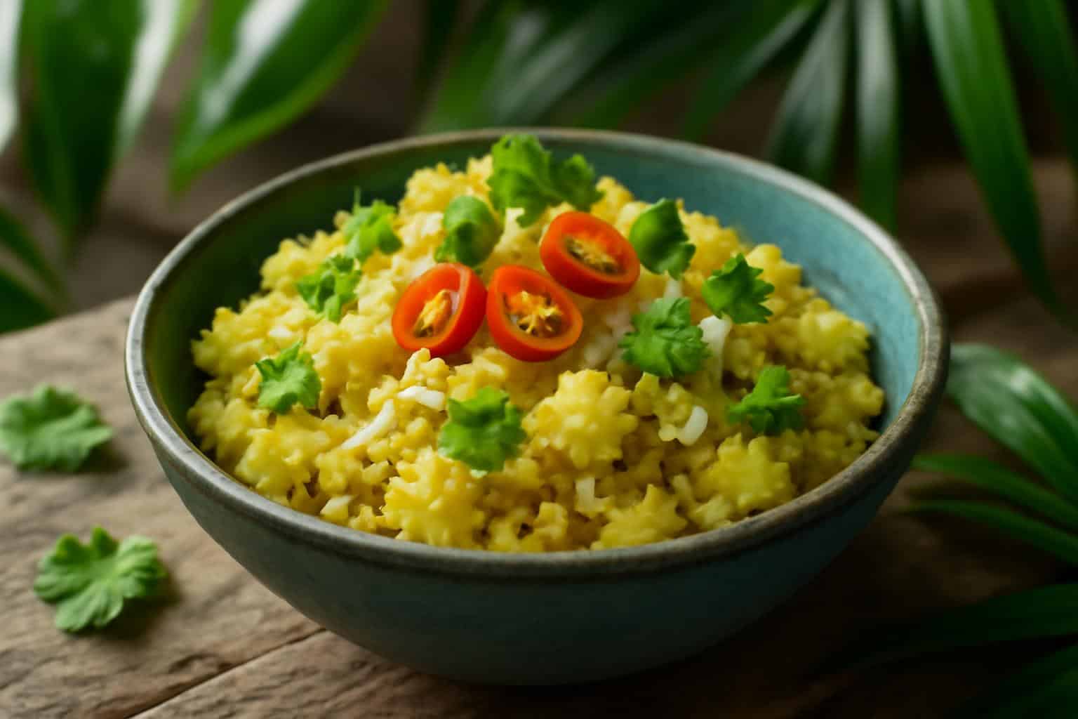 Tropical pineapple rice with coconut and spicy ginger garnished with cilantro and red chili