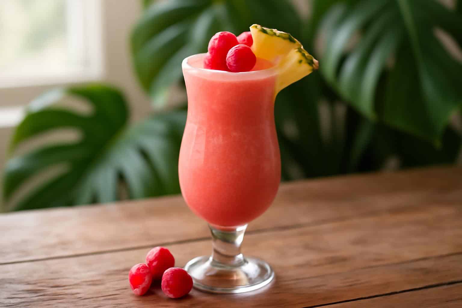 Refreshing tropical raspberry colada in a glass garnished with pineapple and raspberries