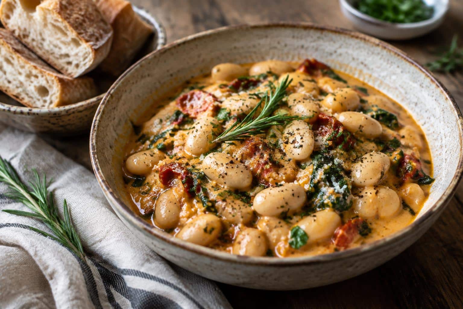 Tuscan butter beans creamy comfort food served in a rustic bowl garnished with rosemary