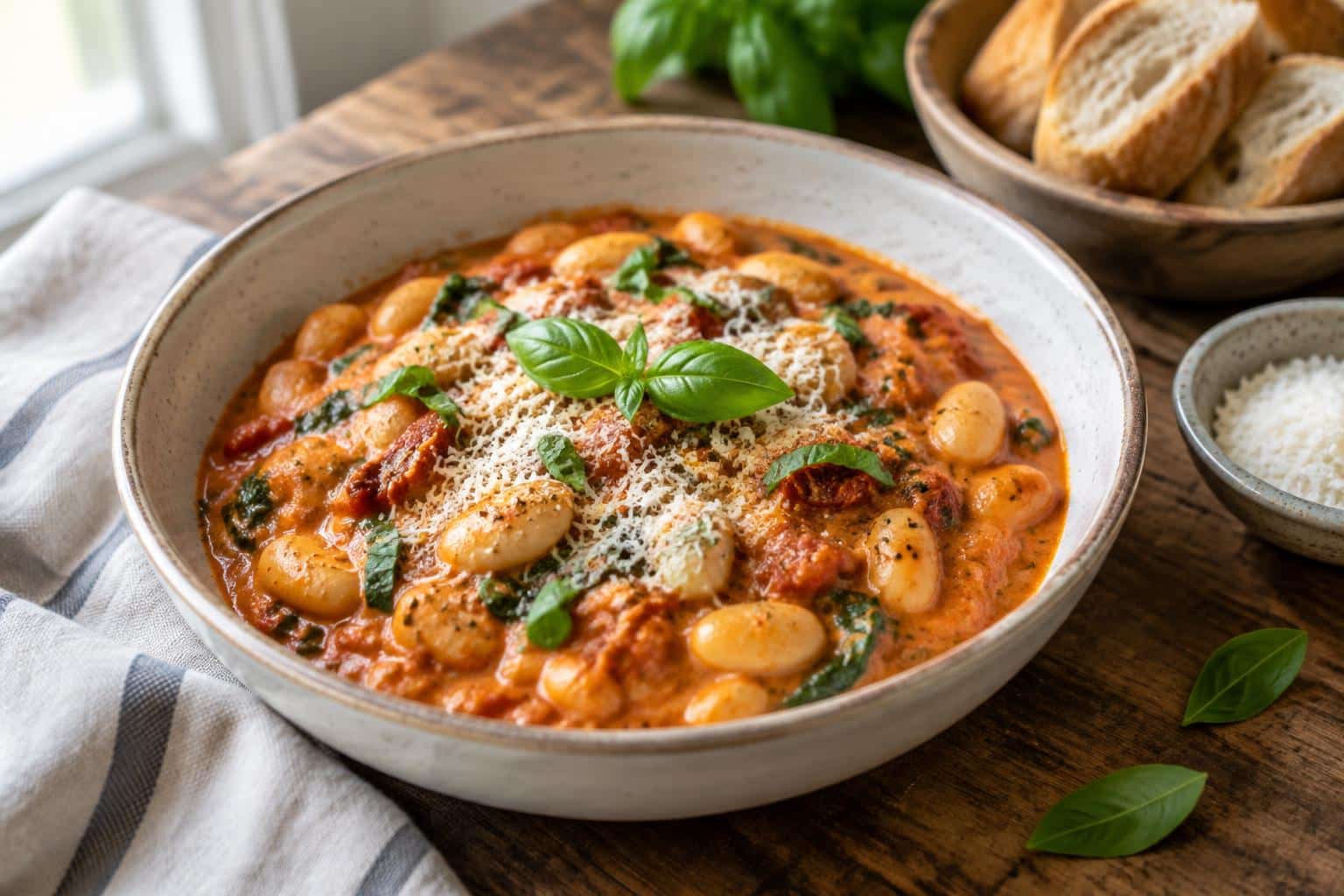 Creamy Tuscan Marry Me butter beans garnished with fresh basil and Parmesan in a rustic bowl