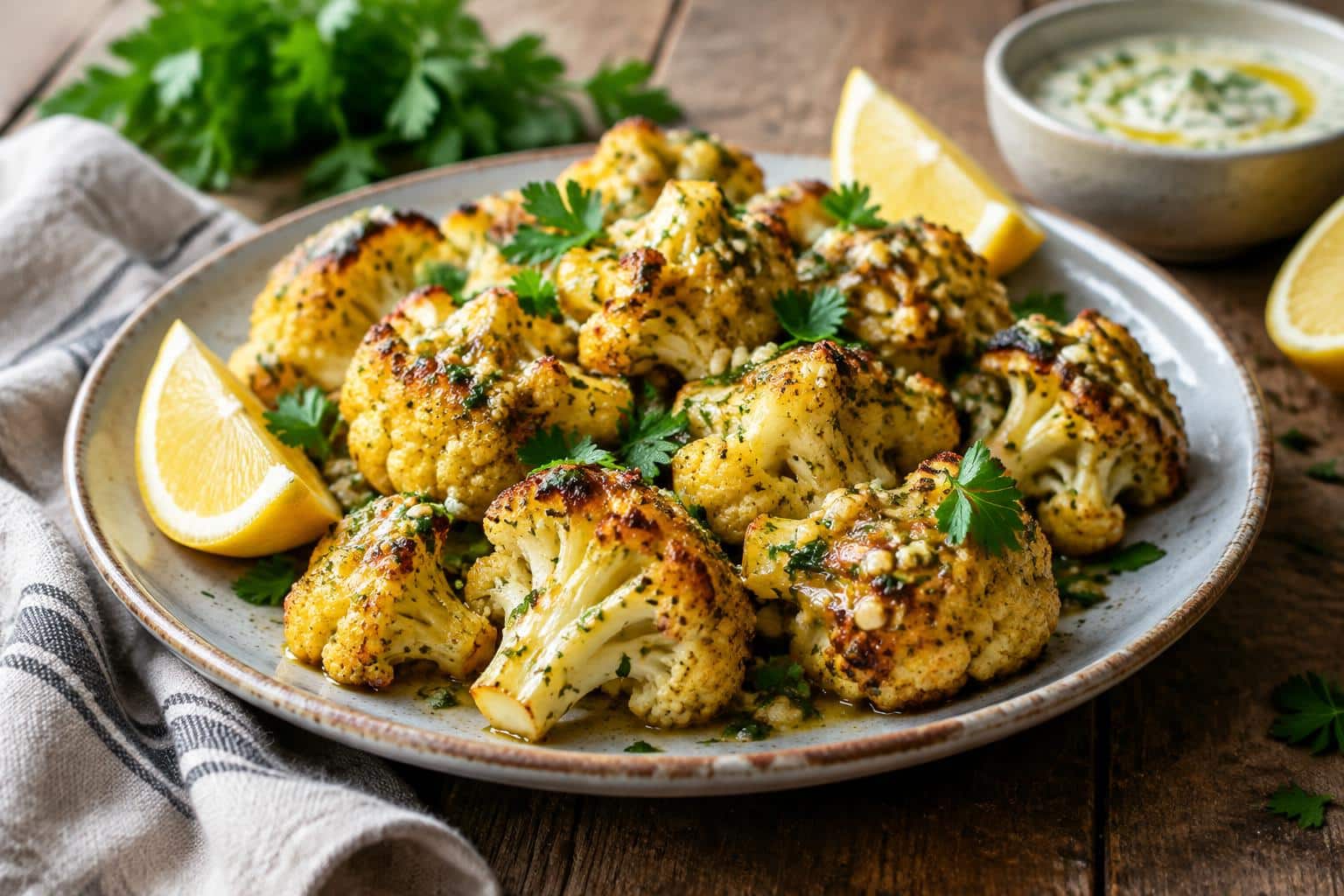 Roasted cauliflower delight with garlic herb glaze and fresh parsley garnish