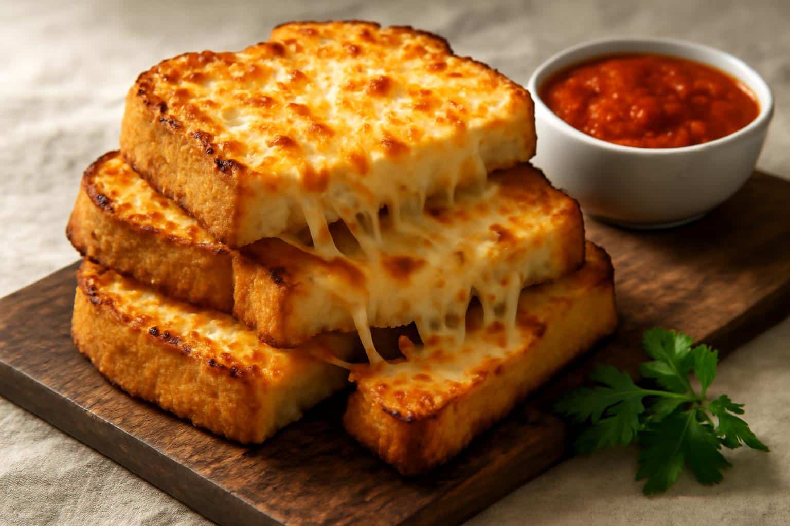 Golden crispy cheesy Texas toast slices with melted cheese and parsley garnish