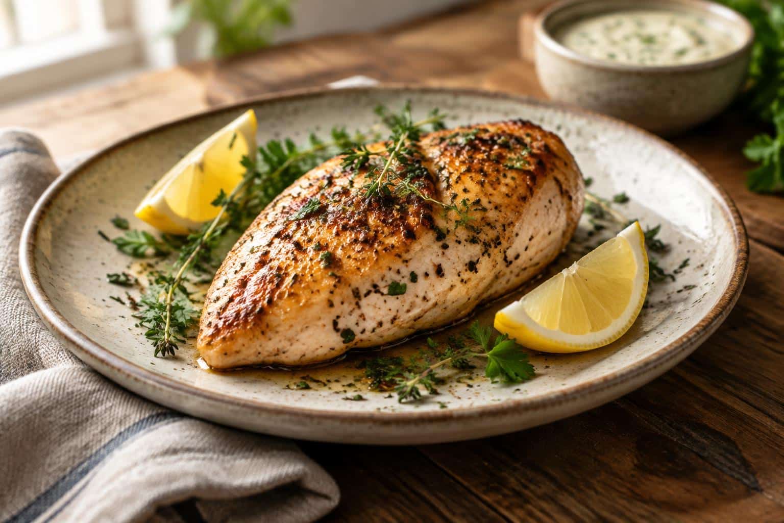 Juicy ultimate chicken breast garnished with herbs and lemon on rustic plate
