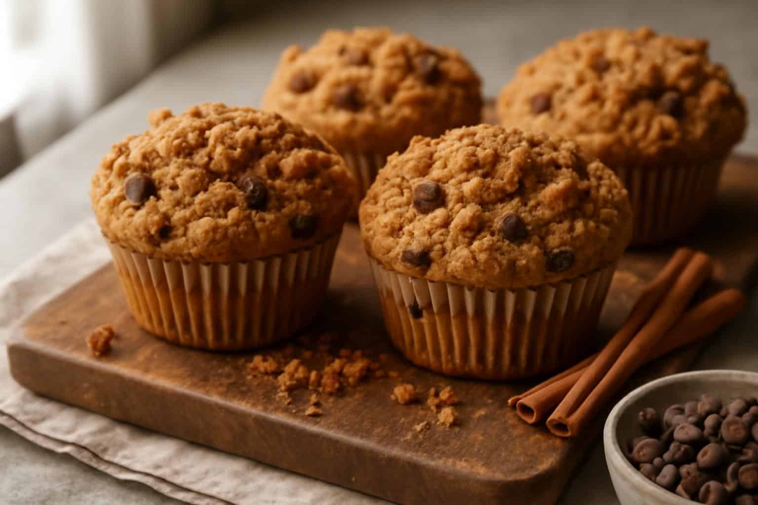 Ultimate chocolate chip muffins with golden cinnamon crumb topping fresh from the oven