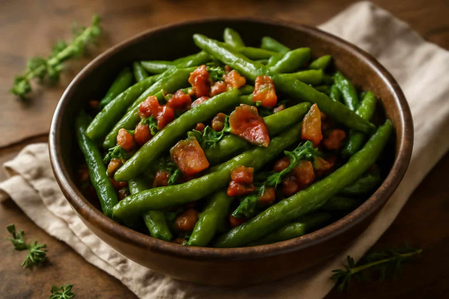 Close-up of crack green beans with crispy bacon bits, a savory Southern side dish
