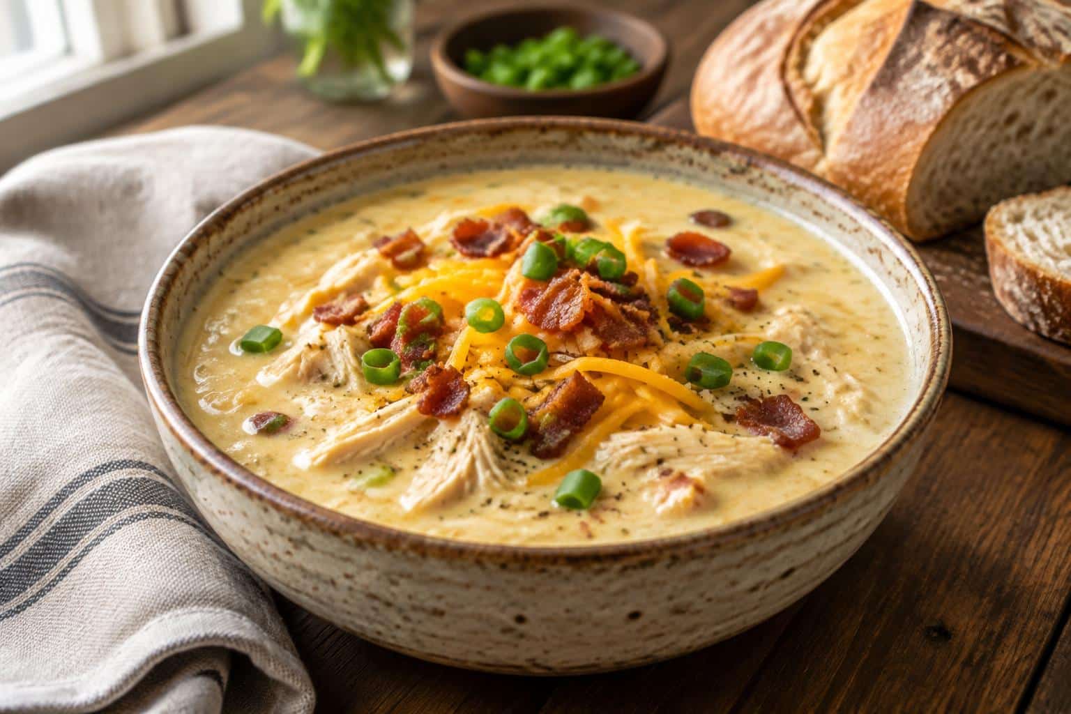Creamy crack chicken soup garnished with cheese, bacon, and green onions in a rustic bowl