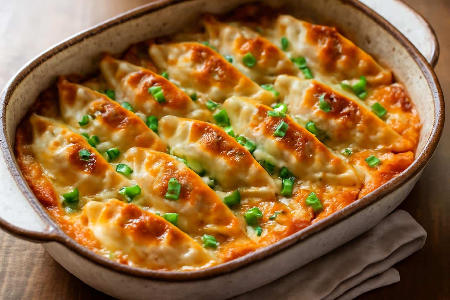 Ultimate easy crispy dumpling bake with golden dumplings and melted cheese garnished with green onions