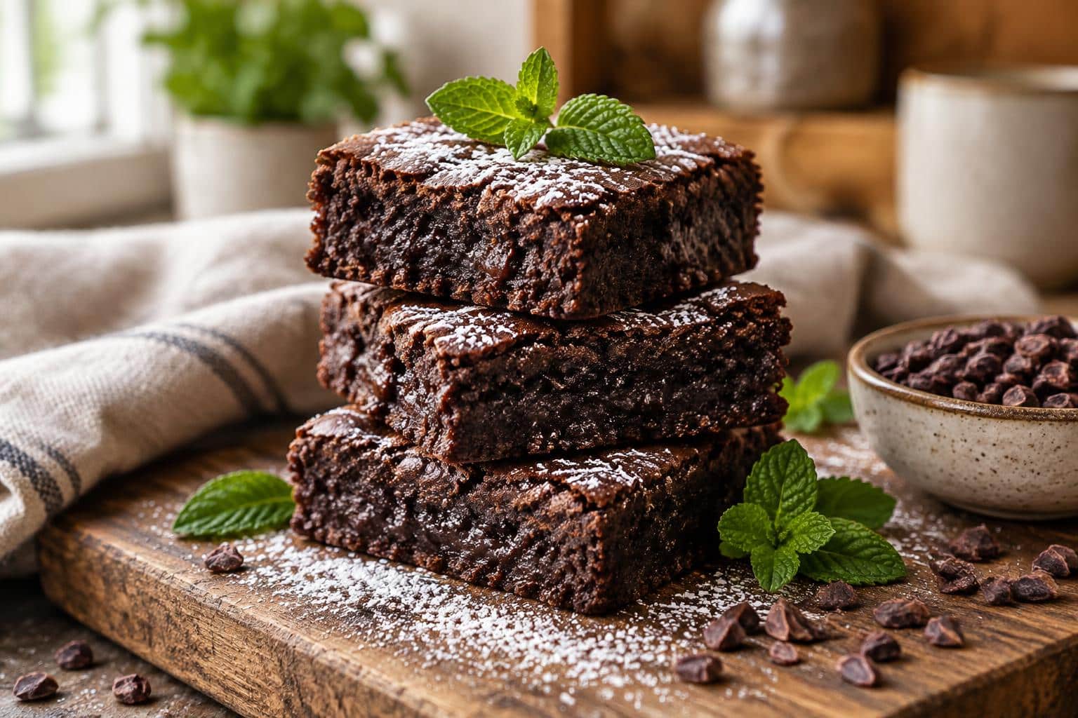 Fudgy keto brownies stacked on wooden board garnished with powdered erythritol and mint leaves keto brownie recipe