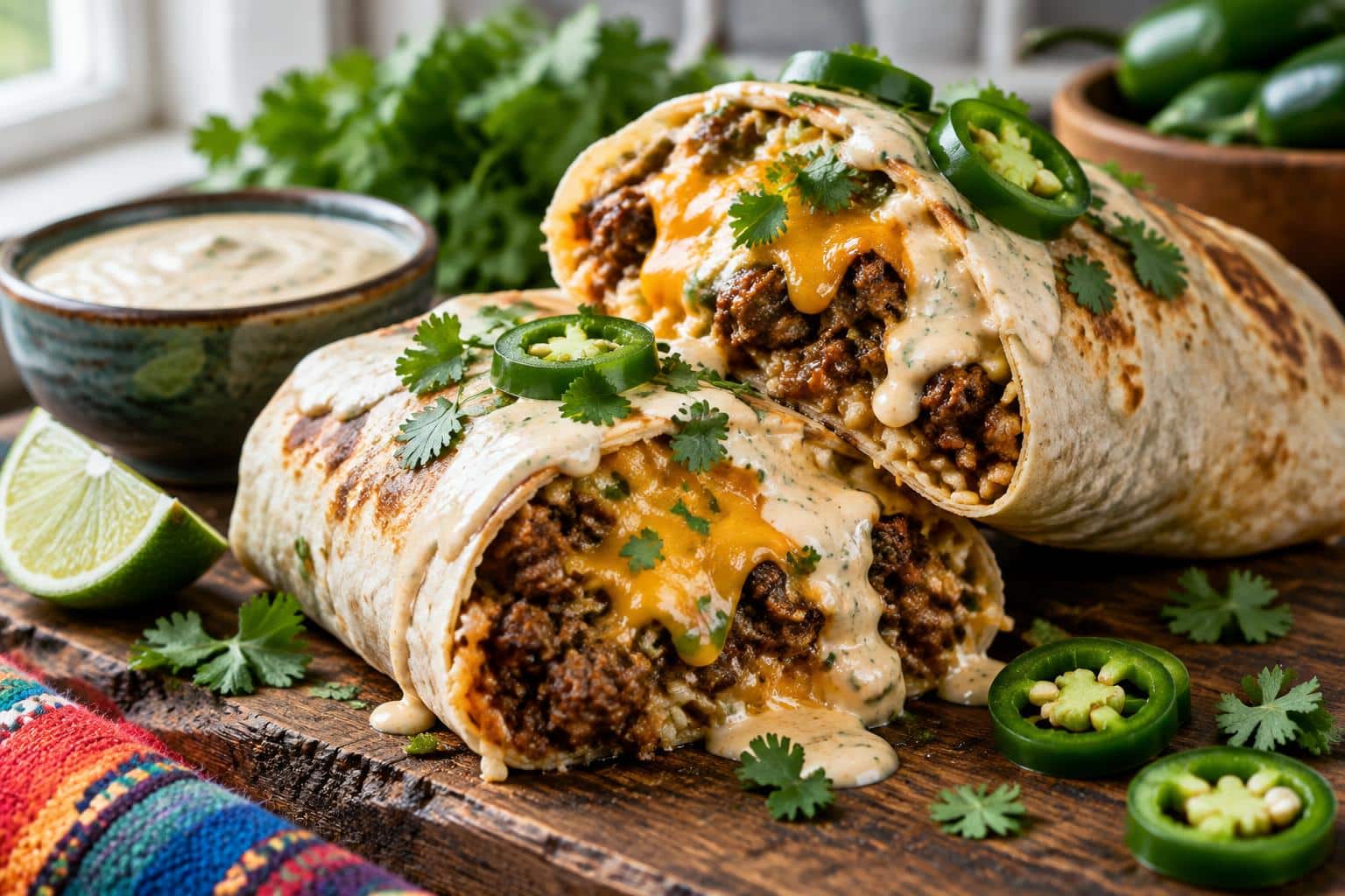 Ultimate loaded beef and cheese burritos with melted cheddar and creamy sauce garnished with cilantro and jalapeños