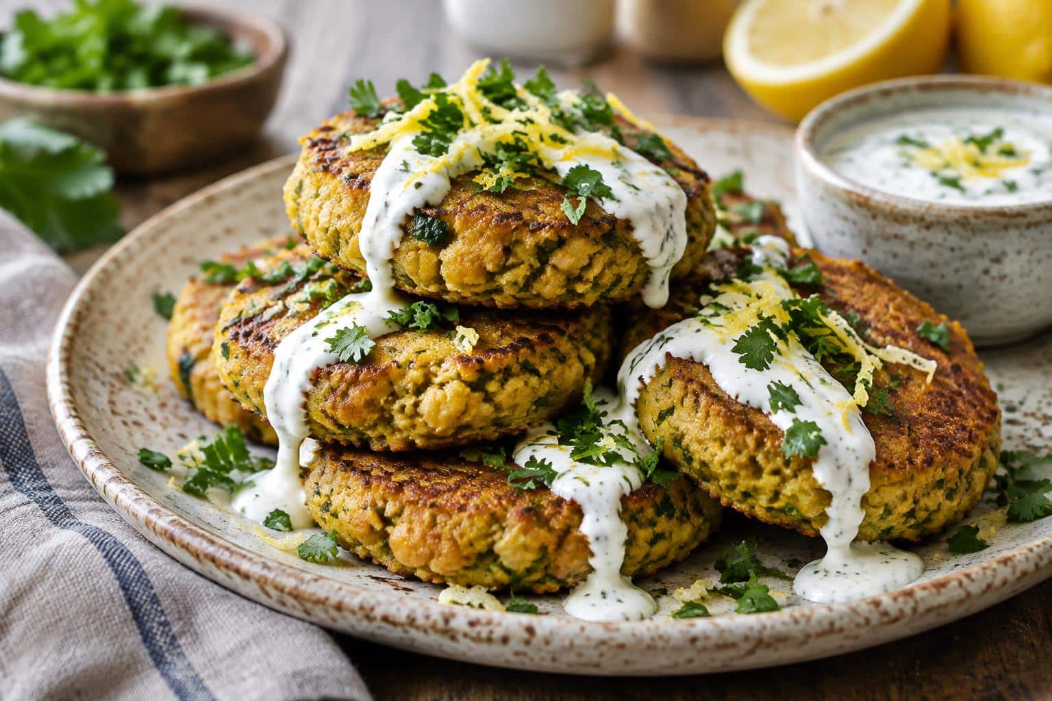 Golden lemon chickpea patties with yogurt sauce garnished with parsley and lemon zest