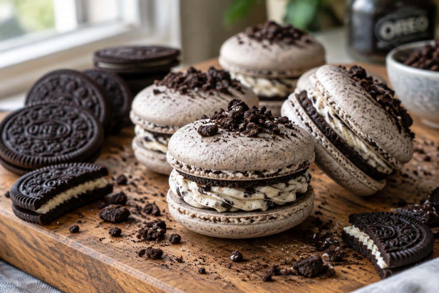 Ultimate Oreo macarons with creamy filling and crispy shells on rustic board in natural light