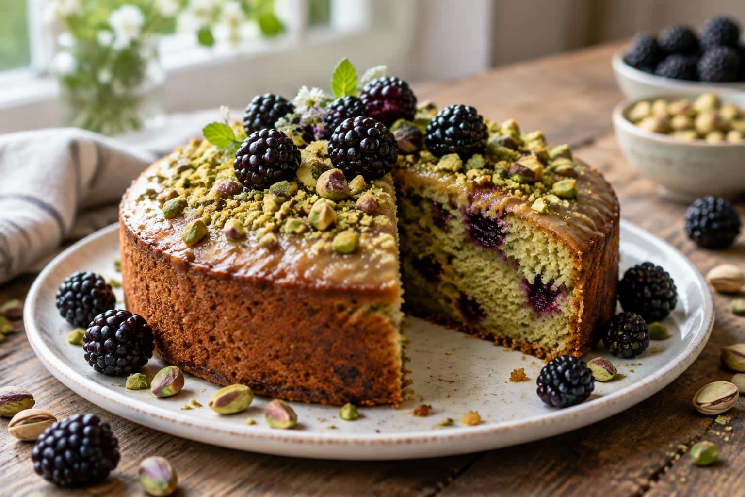 Moist pistachio blackberry cake made with olive oil garnished with fresh blackberries and crushed pistachios