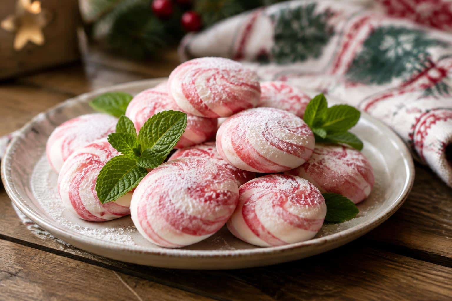 Plate of soft Christmas peppermints with peppermint garnish in natural light