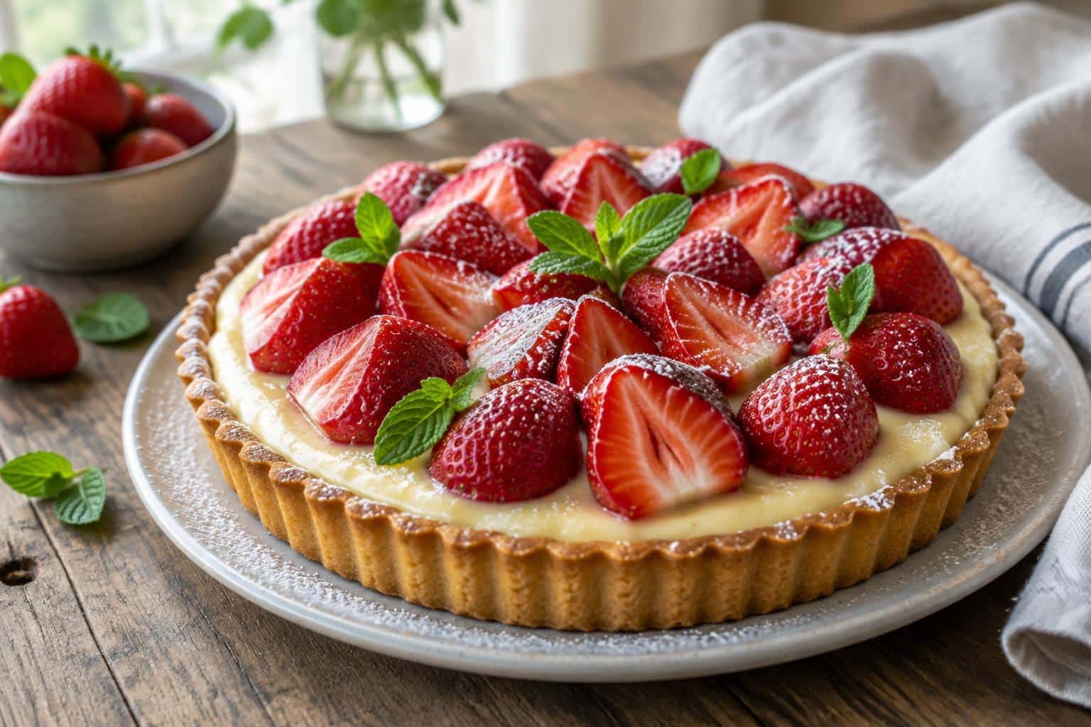 vanilla custard tart topped with fresh strawberries and mint garnish