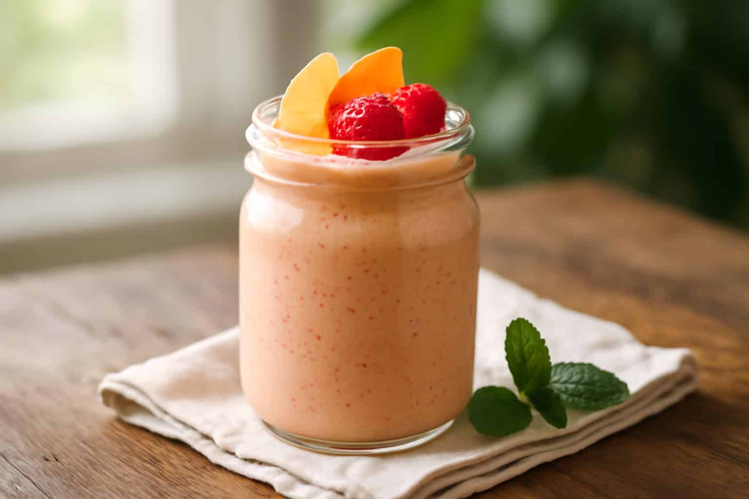 glass of vanilla peach smoothie garnished with fresh raspberries and peach slices