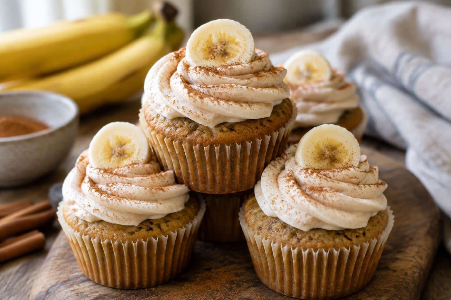 moist vegan banana cupcakes with cinnamon buttercream topped with cinnamon dusting and banana slice