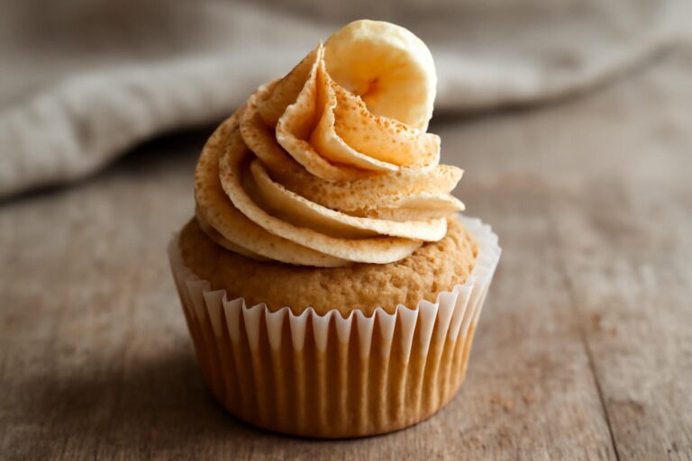 Vegan banana cupcakes with cinnamon buttercream frosting on rustic wooden table