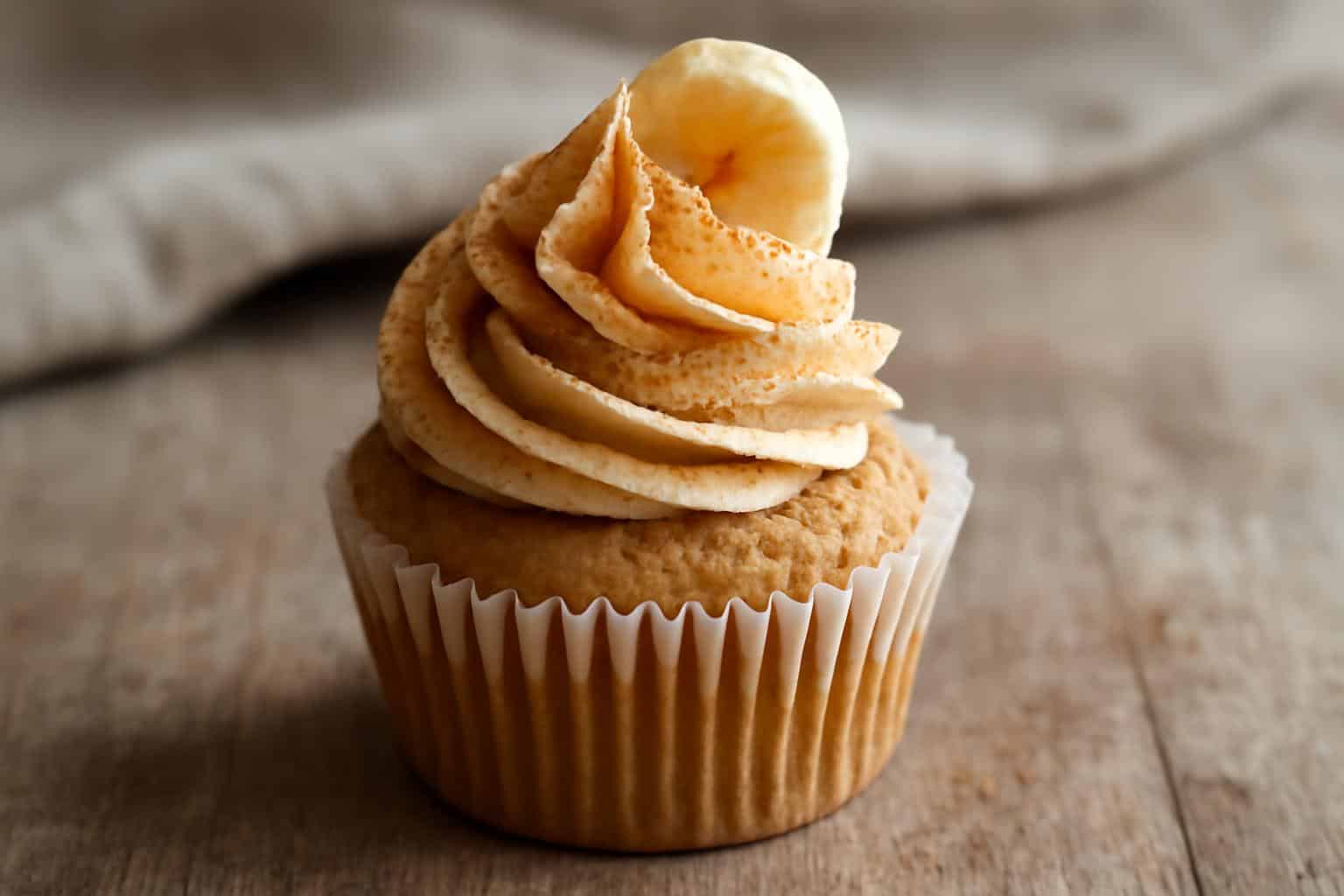 Vegan banana cupcakes with cinnamon buttercream frosting on rustic wooden table