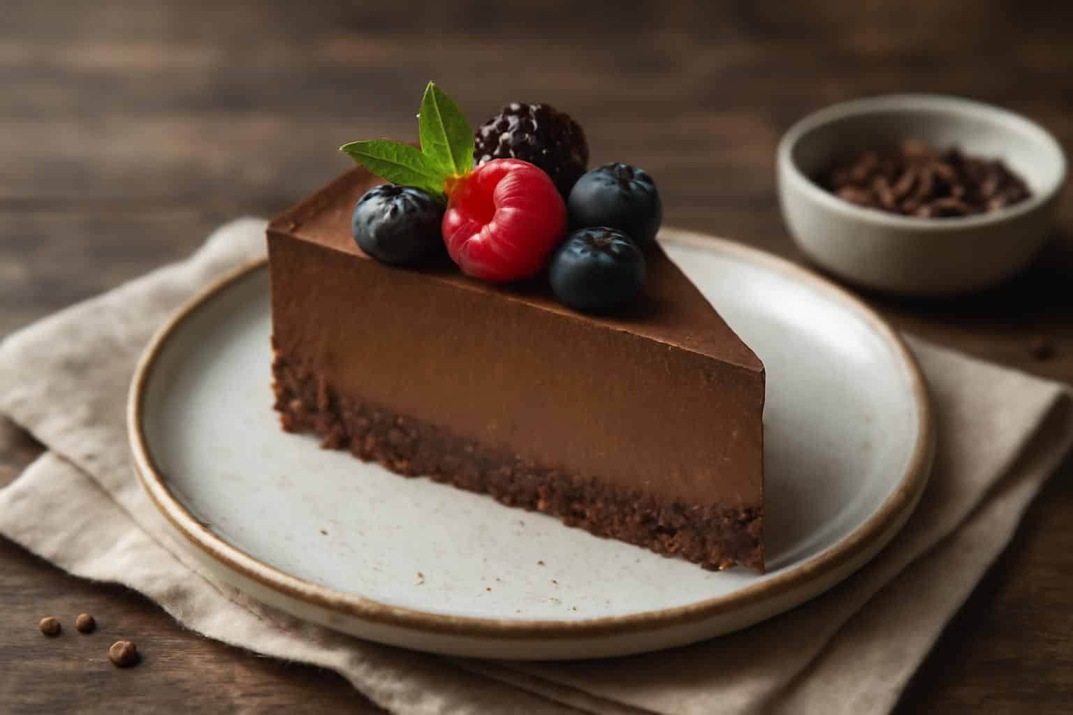 slice of vegan chocolate mousse cake with fresh berries and mint garnish