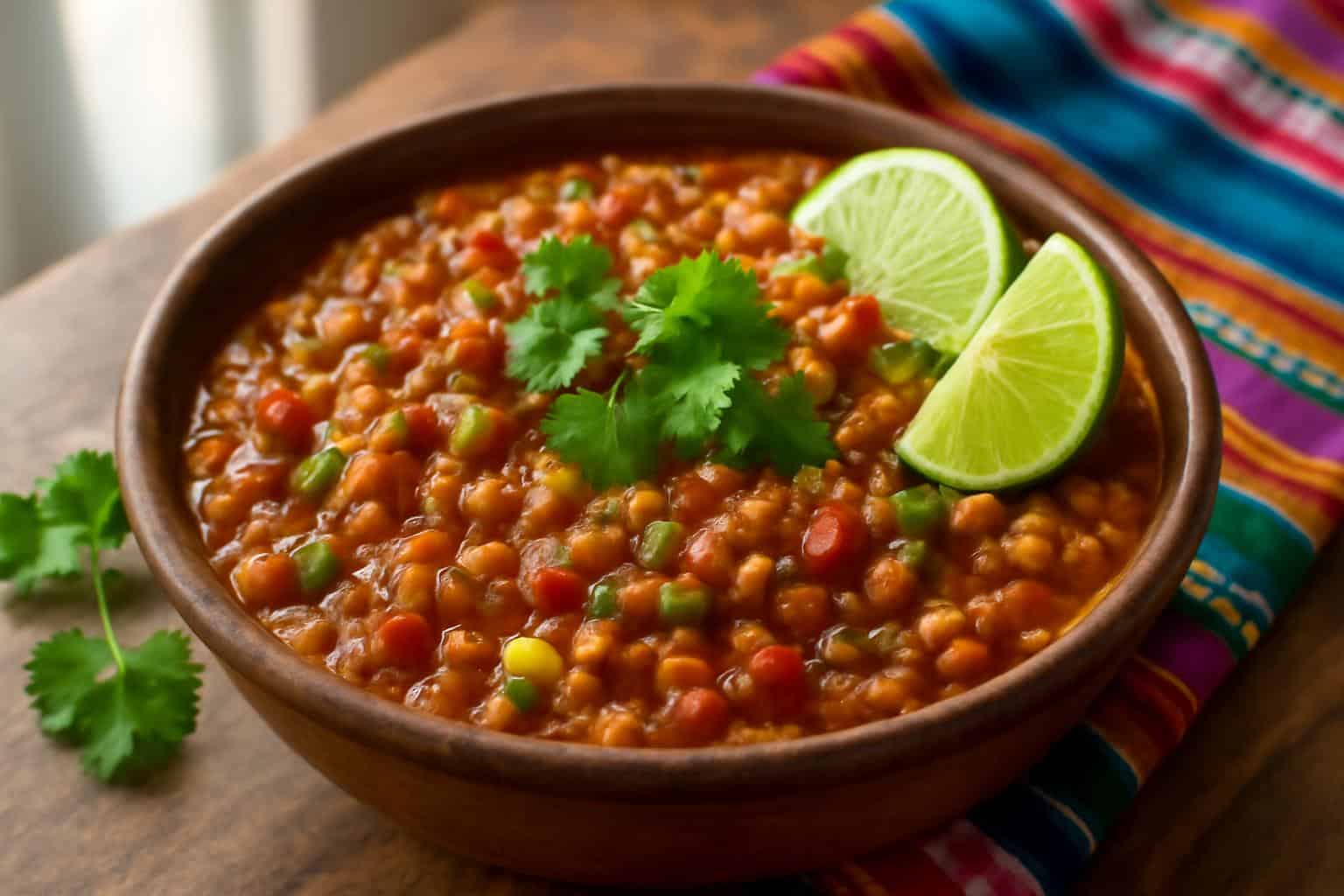 Bowl of vegetarian Mexican lentils garnished with cilantro and lime wedges, showcasing the mexican lentils dish