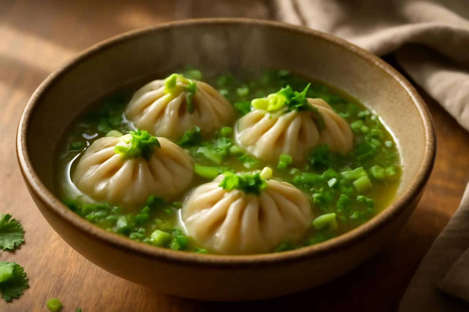 Steaming bowl of vegetarian soup dumplings in vegetable broth garnished with scallions and cilantro
