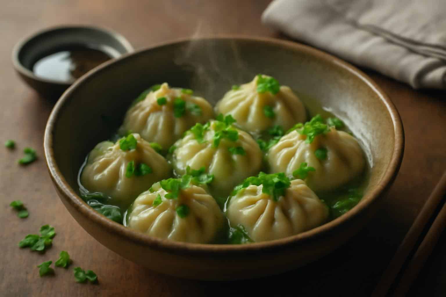 Steaming vegetarian soup dumplings served in a bowl with green onion garnish