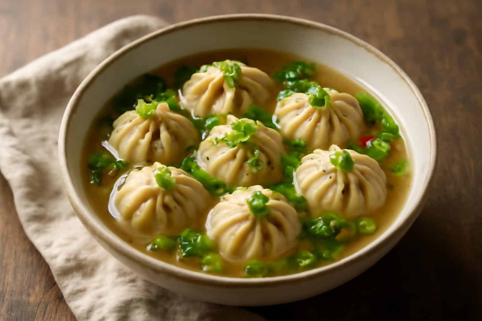 vegetarian soup dumplings served in a bowl with vegetable broth and green onion garnish