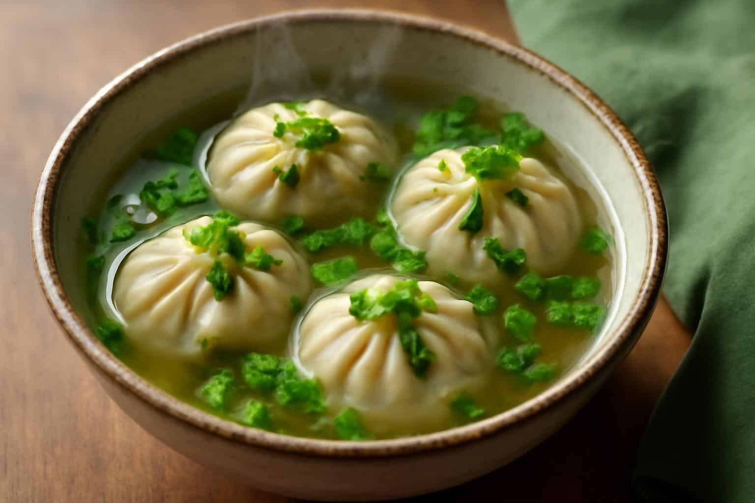 A bowl of vegetarian soup dumplings in vegetable broth garnished with scallions and cilantro